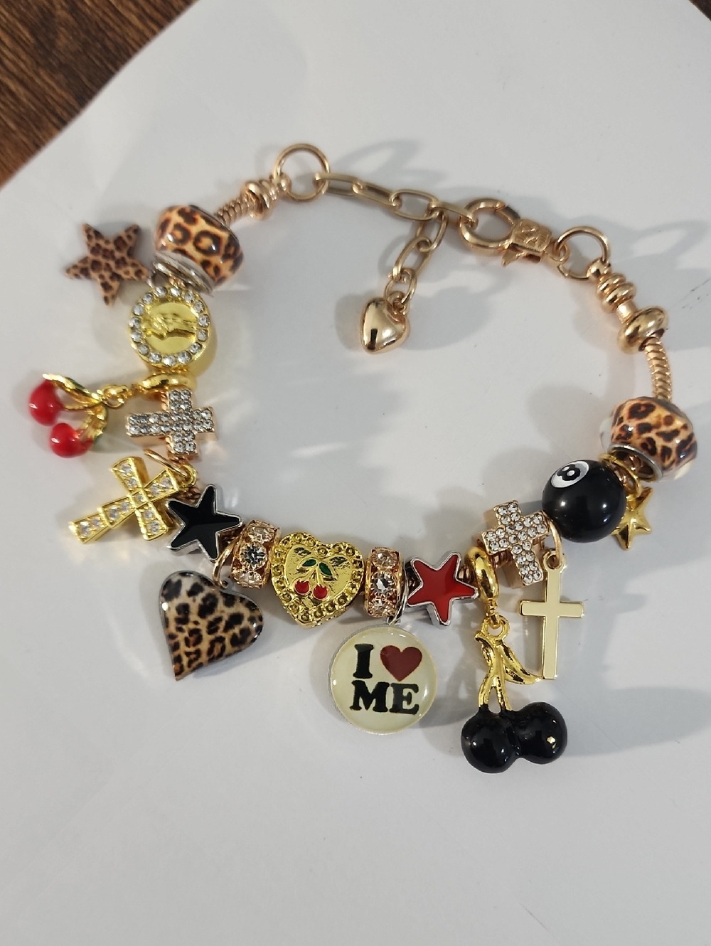 #2 Bestseller Gold 1pc Cute Red Cherry Charm Bracelet, Leopard Print Star Girl